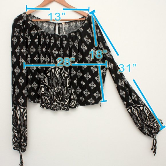 Free People Women's Printed Mid Length Boho LS Blouse Black Small Rayon - Picture 4 of 7